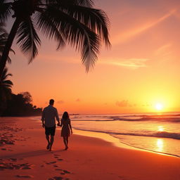 A vibrant sunset scene at a serene beach, with golden sands gently glistening under the warm orange and pink hues of the sky