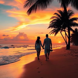 A vibrant sunset scene at a serene beach, with golden sands gently glistening under the warm orange and pink hues of the sky