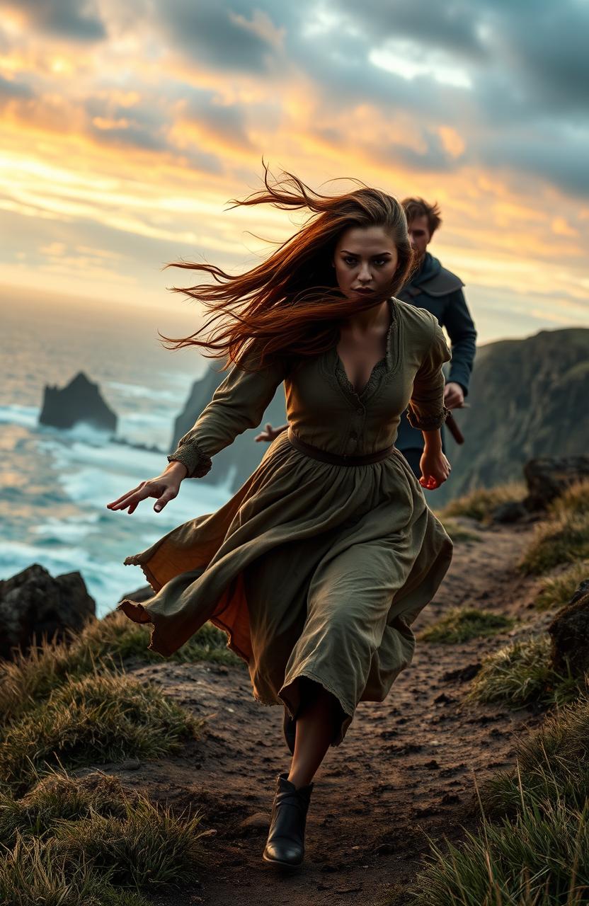 A dramatic scene set in 17th Century Northern Ireland, featuring a woman with long flowing brown hair running swiftly along the rugged coastline