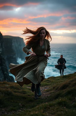 A dramatic scene set in 17th Century Northern Ireland, featuring a woman with long flowing brown hair running swiftly along the rugged coastline