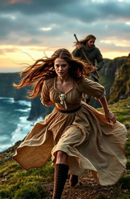 A dramatic scene set in 17th Century Northern Ireland, featuring a woman with long flowing brown hair running swiftly along the rugged coastline