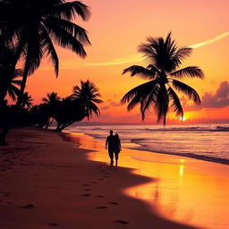A vibrant sunset scene at a serene beach, with golden sands gently glistening under the warm orange and pink hues of the sky