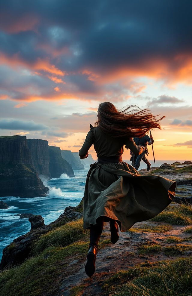 A dramatic scene set in 17th Century Northern Ireland, featuring a woman with long flowing brown hair running swiftly along the rugged coastline