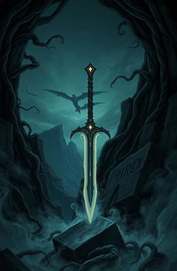 A mysterious and intricate fantasy illustration of a blade emerging from the depths of a dark abyss