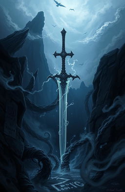 A mysterious and intricate fantasy illustration of a blade emerging from the depths of a dark abyss