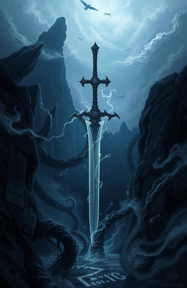 A mysterious and intricate fantasy illustration of a blade emerging from the depths of a dark abyss