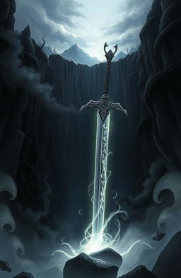 A mysterious and intricate fantasy illustration of a blade emerging from the depths of a dark abyss