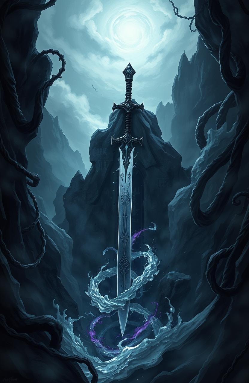 A mysterious and intricate fantasy illustration of a blade emerging from the depths of a dark abyss