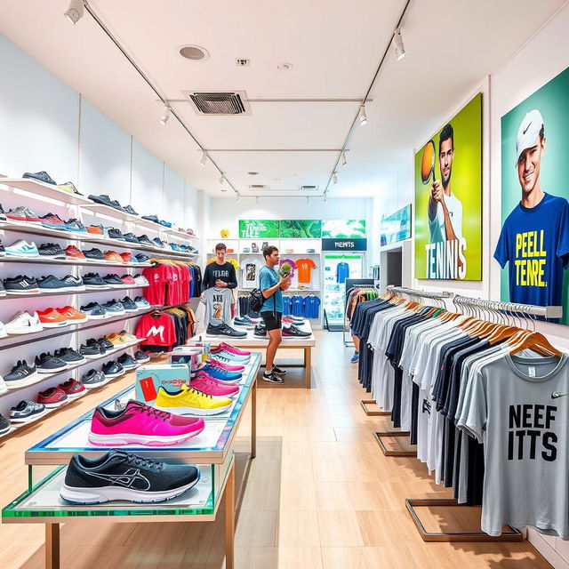 A vibrant and modern sports store featuring a wide array of stylish tennis shoes and trendy t-shirts