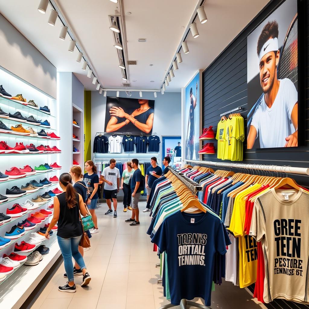 A vibrant and modern sports store featuring a wide array of stylish tennis shoes and trendy t-shirts