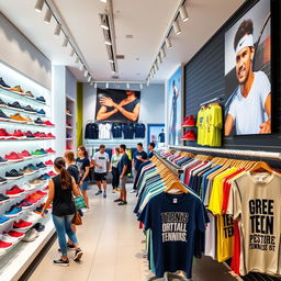 A vibrant and modern sports store featuring a wide array of stylish tennis shoes and trendy t-shirts