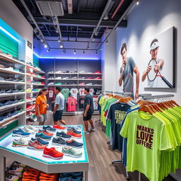 A vibrant and modern sports store featuring a wide array of stylish tennis shoes and trendy t-shirts