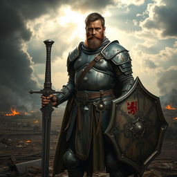 A battle worn paladin standing strong in a medieval landscape, wearing ornate, battered armor adorned with symbols of valor