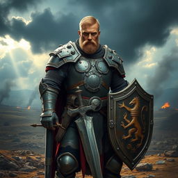 A battle worn paladin standing strong in a medieval landscape, wearing ornate, battered armor adorned with symbols of valor