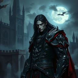 A dark, brooding scene featuring a wicked prince, dressed in elaborate dark armor adorned with silver and red accents