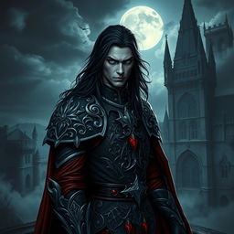 A dark, brooding scene featuring a wicked prince, dressed in elaborate dark armor adorned with silver and red accents
