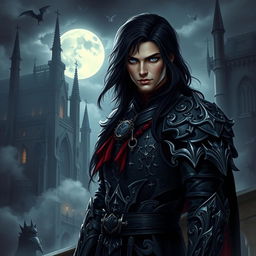 A dark, brooding scene featuring a wicked prince, dressed in elaborate dark armor adorned with silver and red accents