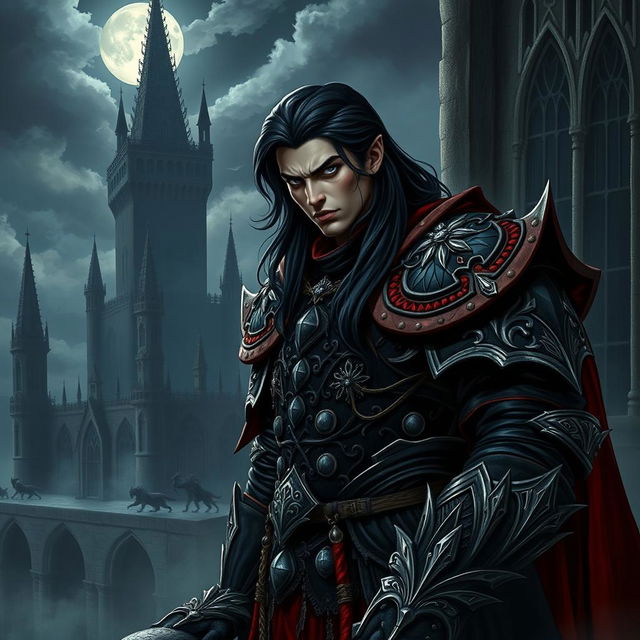 A dark, brooding scene featuring a wicked prince, dressed in elaborate dark armor adorned with silver and red accents