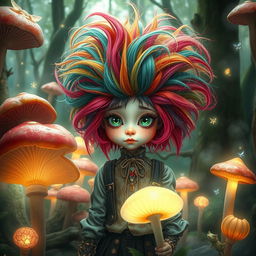A strange girl in a whimsical forest, with vibrant, colorful hair that seems to defy gravity, wearing an eclectic mix of vintage and modern clothing