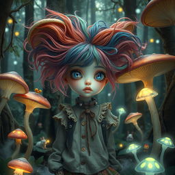 A strange girl in a whimsical forest, with vibrant, colorful hair that seems to defy gravity, wearing an eclectic mix of vintage and modern clothing