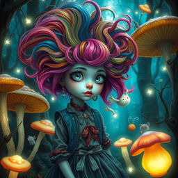 A strange girl in a whimsical forest, with vibrant, colorful hair that seems to defy gravity, wearing an eclectic mix of vintage and modern clothing