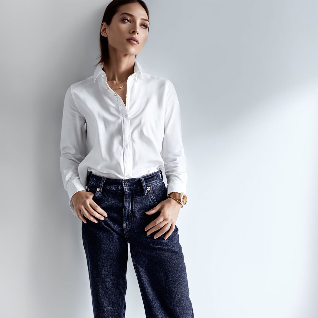 Editorial-style photograph of a model in a new chic casual outfit against a minimalist backdrop