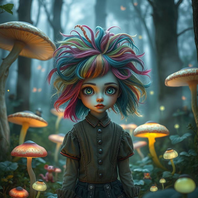 A strange girl in a whimsical forest, with vibrant, colorful hair that seems to defy gravity, wearing an eclectic mix of vintage and modern clothing