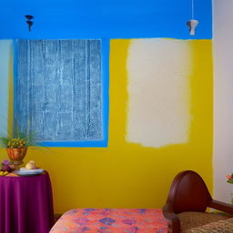 A 12x12 room painted in chatkile color scheme, predominantly featuring shades of neela (blue) and peela (yellow). The room is tastefully decorated complementing the vibrant colours.