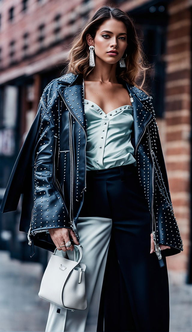 Editorial-style photograph of a model in a different but equally stylish outfit with immaculate lighting and composition.