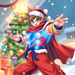 A festive illustration of Goku in his Ultra Instinct form, dressed in a stylish Christmas-themed outfit