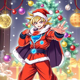 A festive illustration of Goku in his Ultra Instinct form, dressed in a stylish Christmas-themed outfit