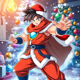 A festive illustration of Goku in his Ultra Instinct form, dressed in a stylish Christmas-themed outfit