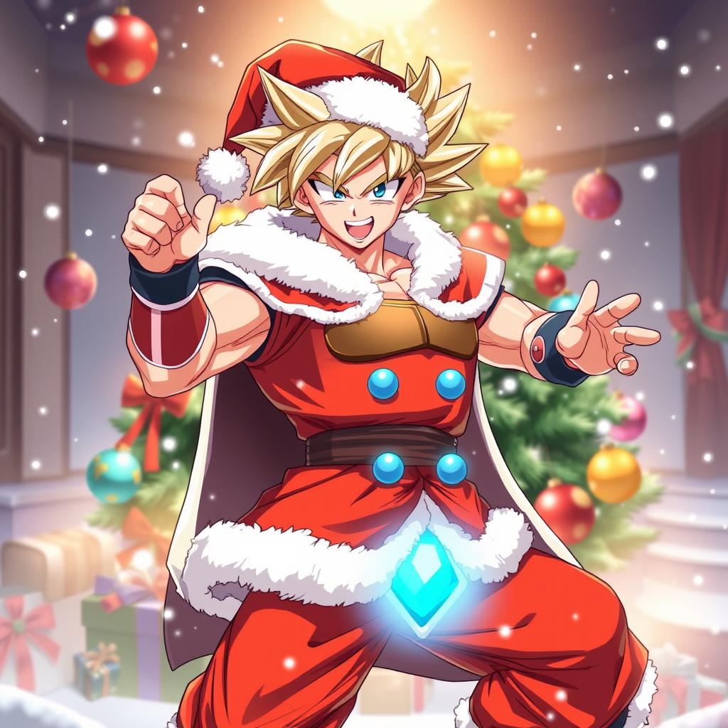 A festive illustration of Goku in his Ultra Instinct form, dressed in a stylish Christmas-themed outfit