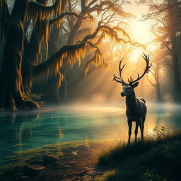 An ancient, mystical forest at dawn, where golden sunlight filters through towering trees draped with ethereal moss