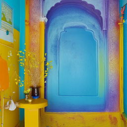 A 12x12 room painted in chatkile color scheme, predominantly featuring shades of neela (blue) and peela (yellow). The room is tastefully decorated complementing the vibrant colours.