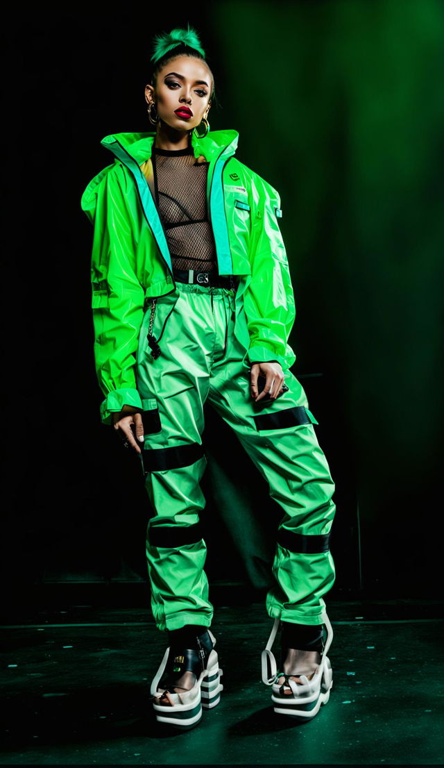 High-resolution photograph of a model in another high fashion streetwear-inspired outfit