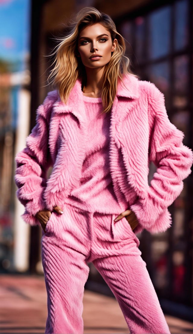 Editorial-style photograph of a model in a sophisticated fuzzy pink casual outfit with immaculate lighting and composition.