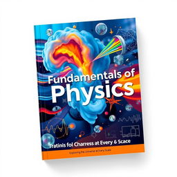 A detailed textbook cover design for a physics book titled 'Fundamentals of Physics'