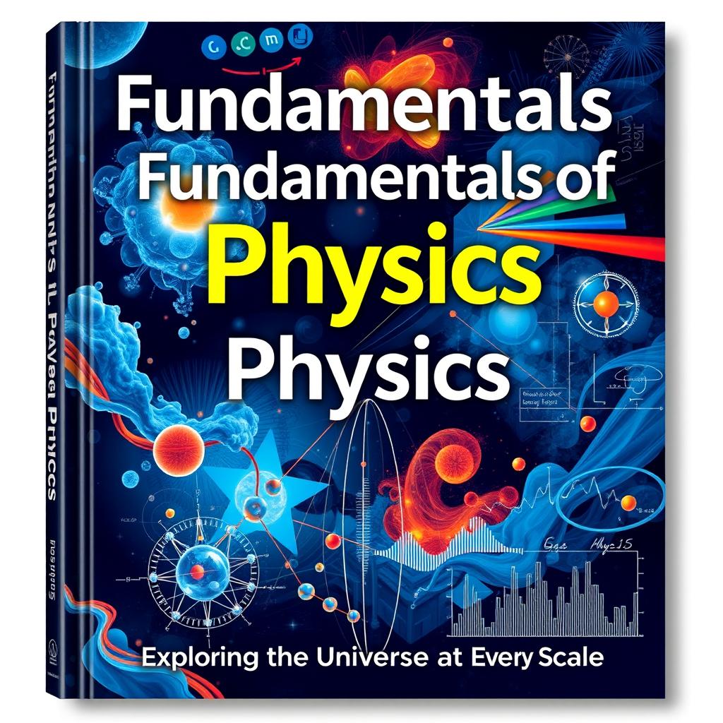 A detailed textbook cover design for a physics book titled 'Fundamentals of Physics'