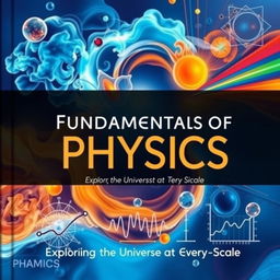 A detailed textbook cover design for a physics book titled 'Fundamentals of Physics'