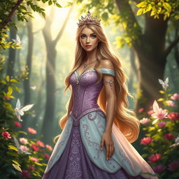 A majestic princess standing in a lush, enchanted forest