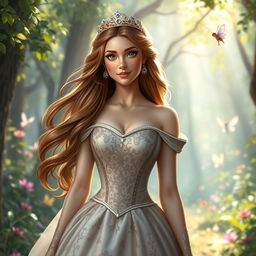 A majestic princess standing in a lush, enchanted forest