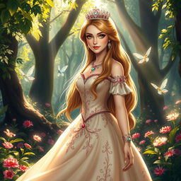A majestic princess standing in a lush, enchanted forest