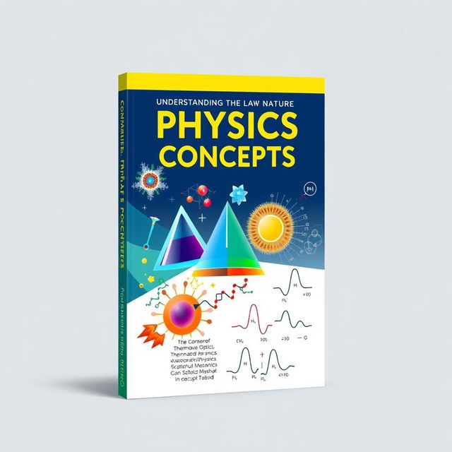 A visually striking textbook cover design for a physics book titled 'Comprehensive Physics Concepts'