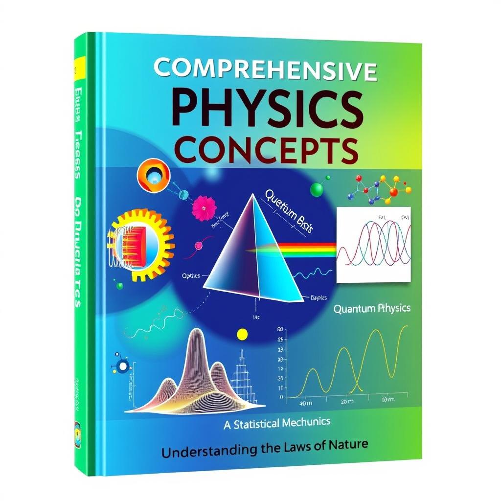 A visually striking textbook cover design for a physics book titled 'Comprehensive Physics Concepts'