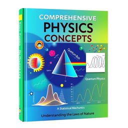 A visually striking textbook cover design for a physics book titled 'Comprehensive Physics Concepts'