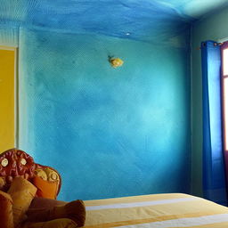 A 12x12 room painted in chatkile color scheme, predominantly featuring shades of neela (blue) and peela (yellow). The room is tastefully decorated complementing the vibrant colours.