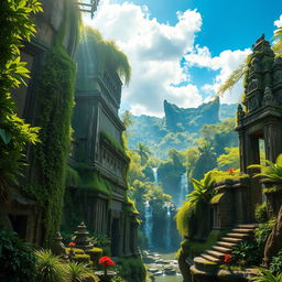 A breathtaking scene of a lost ancient city hidden deep within a lush jungle