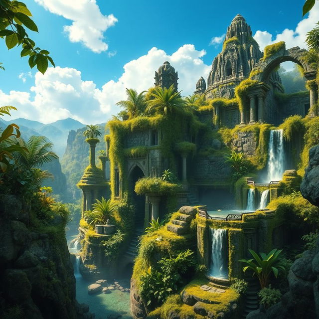 A breathtaking scene of a lost ancient city hidden deep within a lush jungle