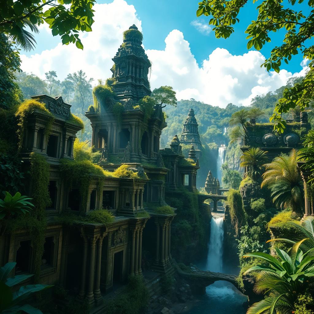 A breathtaking scene of a lost ancient city hidden deep within a lush jungle